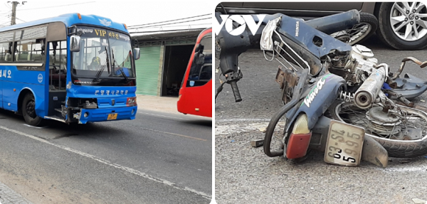 Ô tô chở công nhân và xe máy va chạm tại Tiền Giang, 1 người nguy kịch